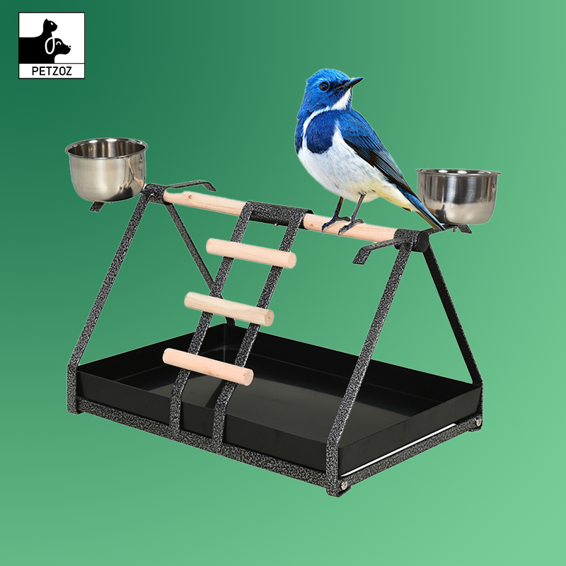 Bird Playstand with Wooden Perch Ladder Feeding Cups for Macaw Parrot Conure