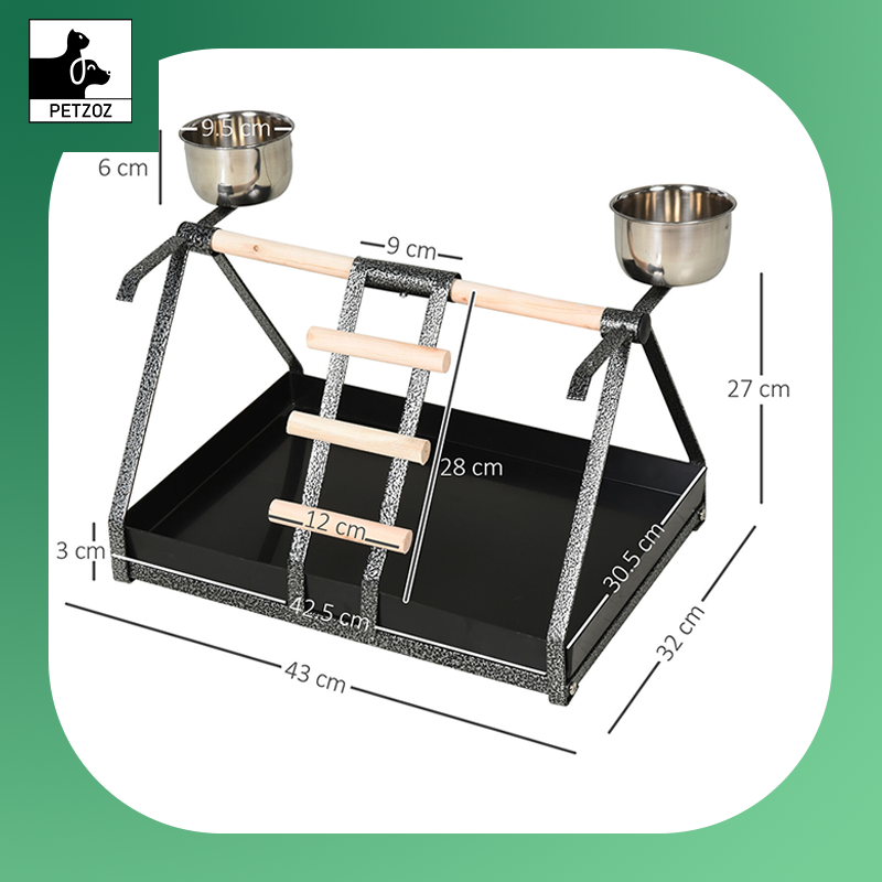 Bird Playstand with Wooden Perch Ladder Feeding Cups for Macaw Parrot Conure