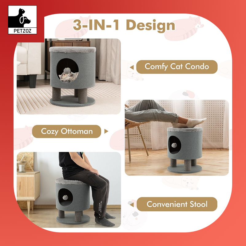 Cat Condo Stool- Indoor Cats with Scratching Posts and Plush Ball Toy