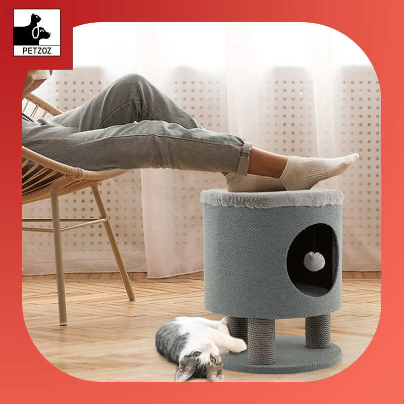 Cat Condo Stool- Indoor Cats with Scratching Posts and Plush Ball Toy