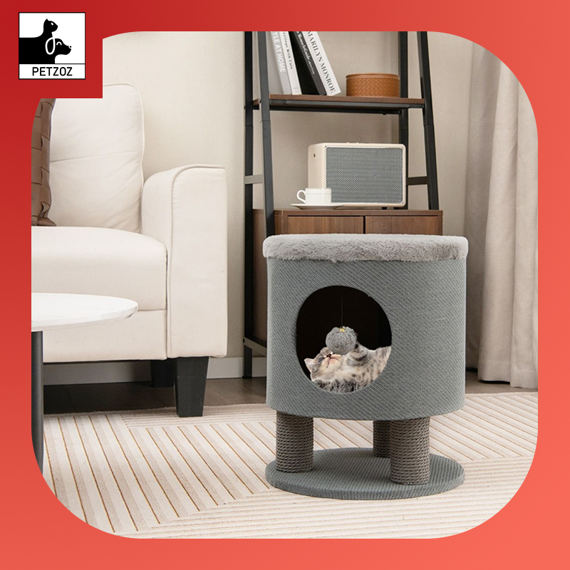 Cat Condo Stool- Indoor Cats with Scratching Posts and Plush Ball Toy