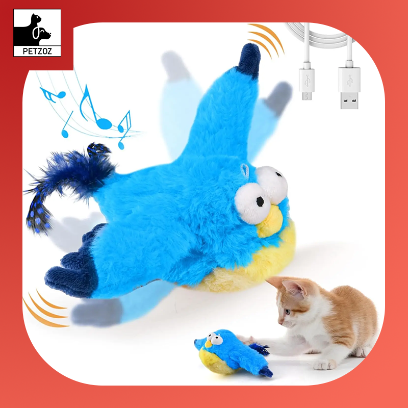Interactive Cat Toys Rechargeable Chirping Flapping Bird(No Flying) with Catnip for Indoor Cats, Touch Activated Plush Toys