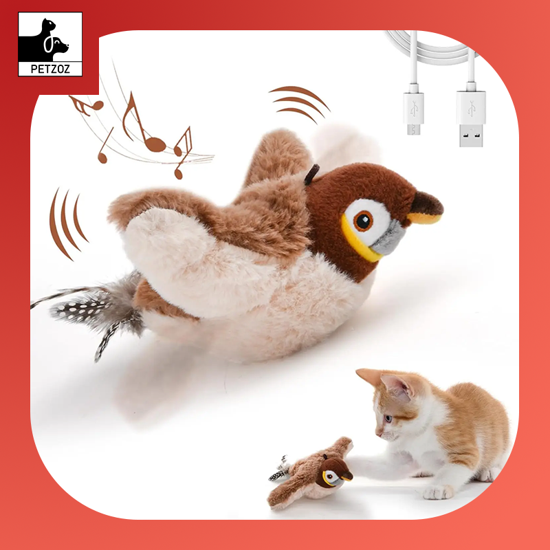 Interactive Cat Toys Rechargeable Chirping Flapping Bird(No Flying) with Catnip for Indoor Cats, Touch Activated Plush Toys