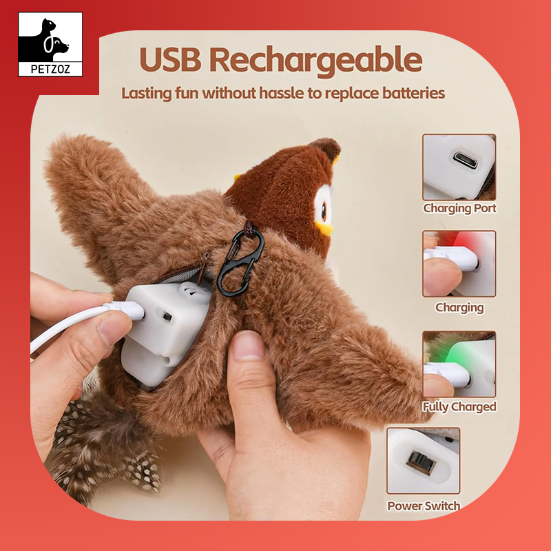 Interactive Cat Toys Rechargeable Chirping Flapping Bird(No Flying) with Catnip for Indoor Cats, Touch Activated Plush Toys