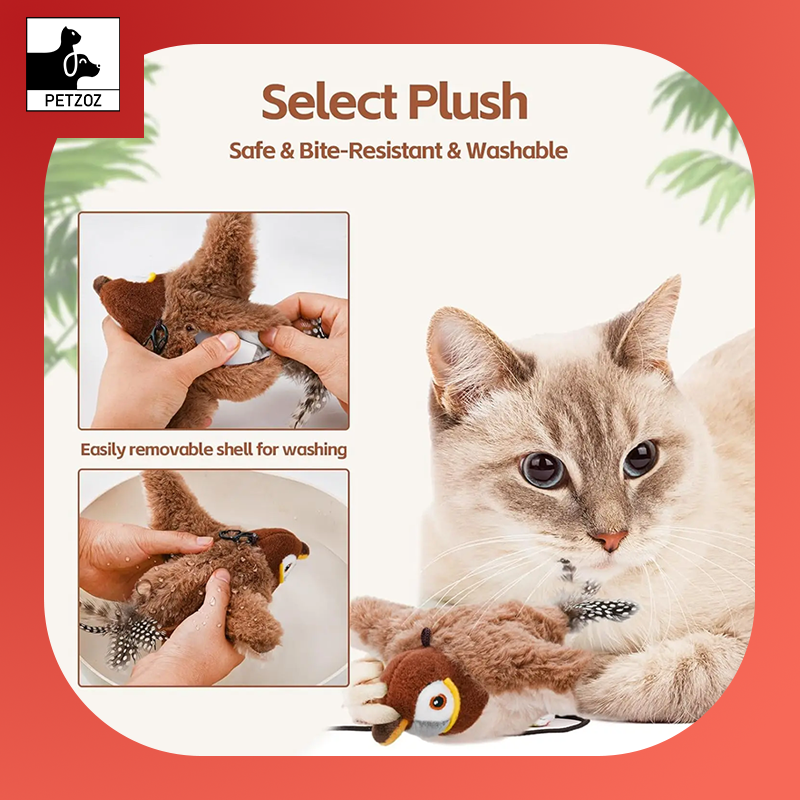 Interactive Cat Toys Rechargeable Chirping Flapping Bird(No Flying) with Catnip for Indoor Cats, Touch Activated Plush Toys