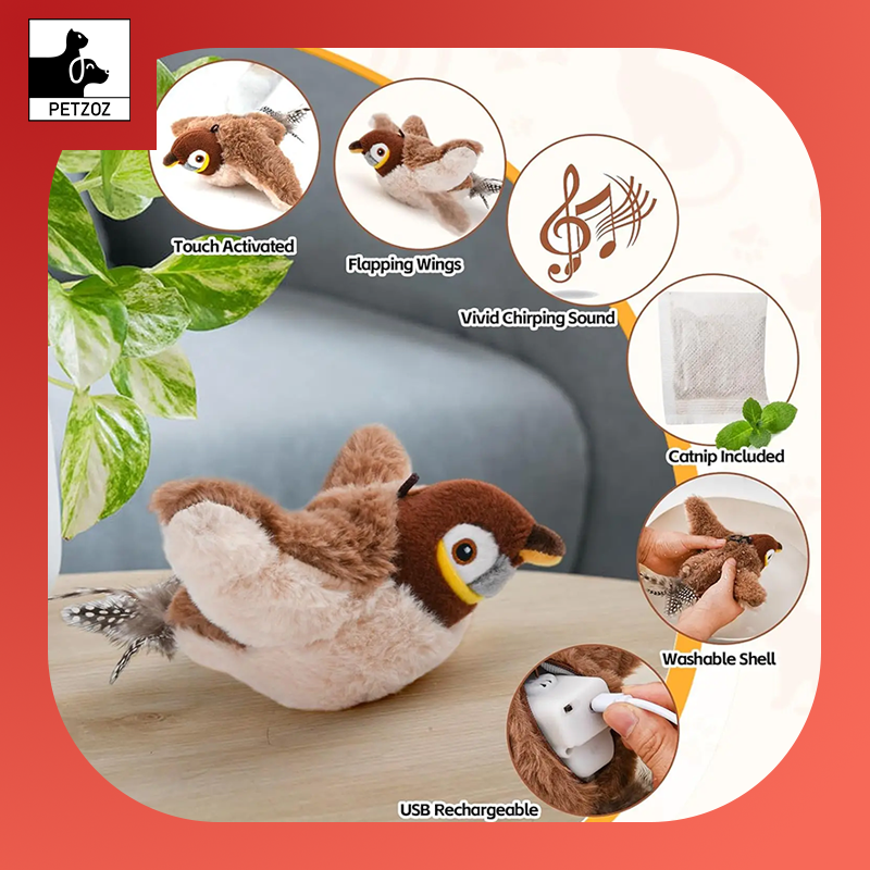 Interactive Cat Toys Rechargeable Chirping Flapping Bird(No Flying) with Catnip for Indoor Cats, Touch Activated Plush Toys