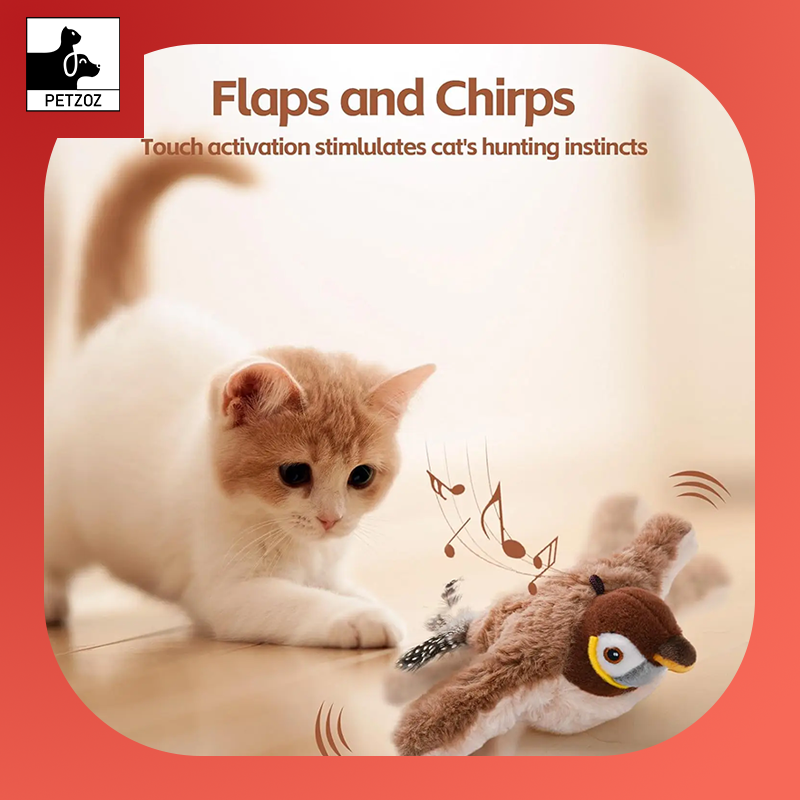 Interactive Cat Toys Rechargeable Chirping Flapping Bird(No Flying) with Catnip for Indoor Cats, Touch Activated Plush Toys