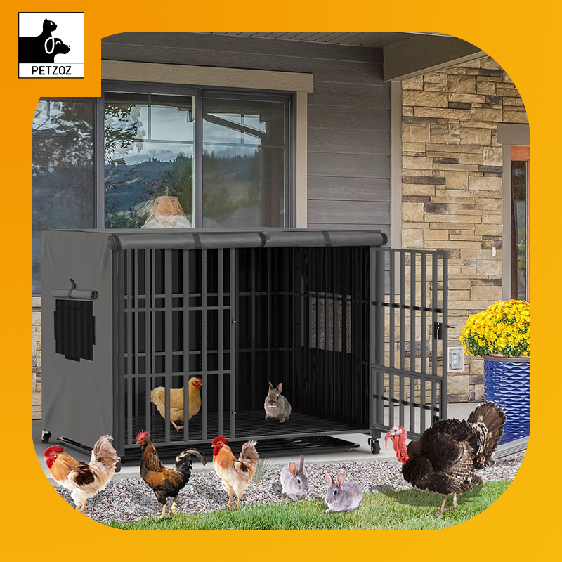 Heavy Duty Dog Crate Large Pet Cage with Waterproof Cover on Wheeled Dog Kennel Tear Resistant Square Tube Puppy Cage with Tray