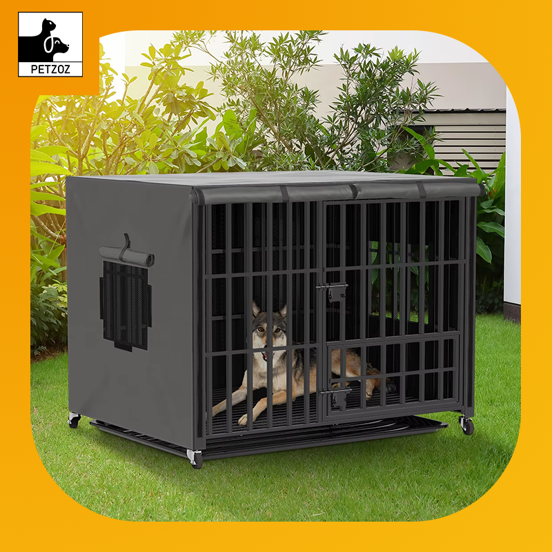Heavy Duty Dog Crate Large Pet Cage with Waterproof Cover on Wheeled Dog Kennel Tear Resistant Square Tube Puppy Cage with Tray