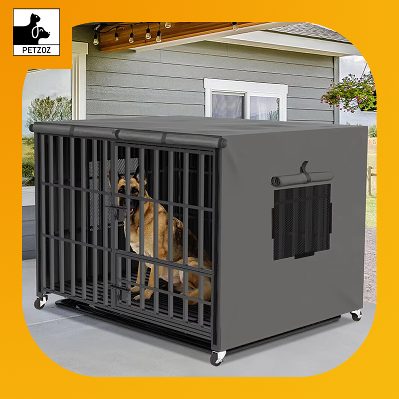 Heavy Duty Dog Crate Large Pet Cage with Waterproof Cover on Wheeled Dog Kennel Tear Resistant Square Tube Puppy Cage with Tray