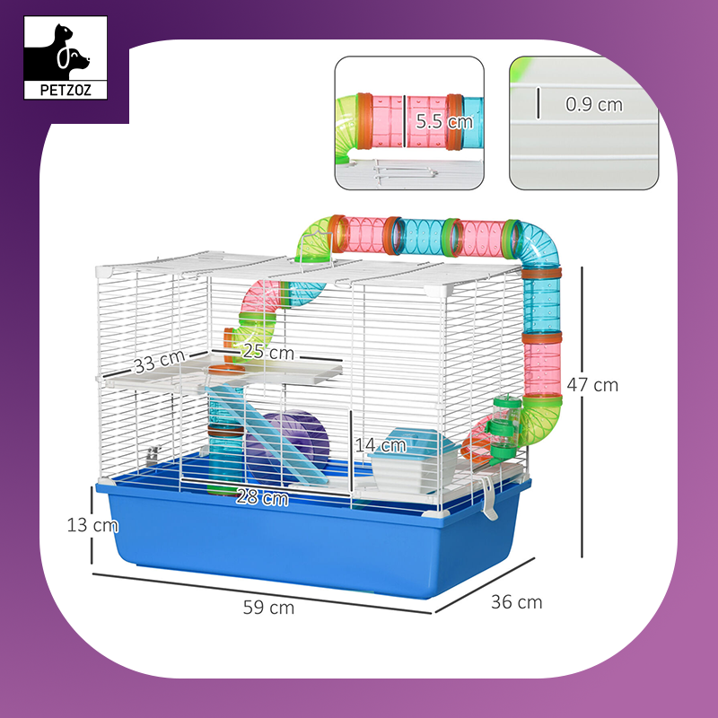 Hamster Cage Rodents House W/ Tubes Exercise Wheel, Water Bottle - Blue