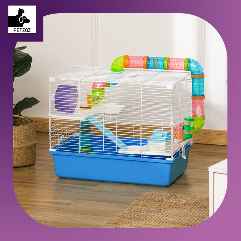 Hamster Cage Rodents House W/ Tubes Exercise Wheel, Water Bottle - Blue