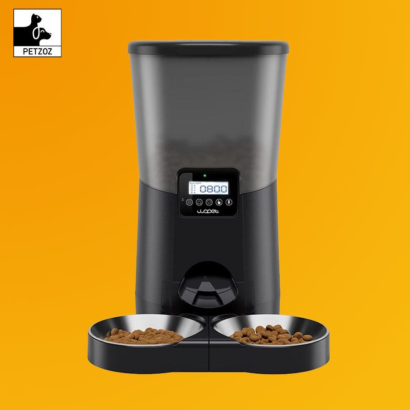 Automatic Dog Feeders, Pet Food Dispenser, Cat Feeder with Dual Stainless Steel Bowl for 2 Cats Pets, 8L, Black