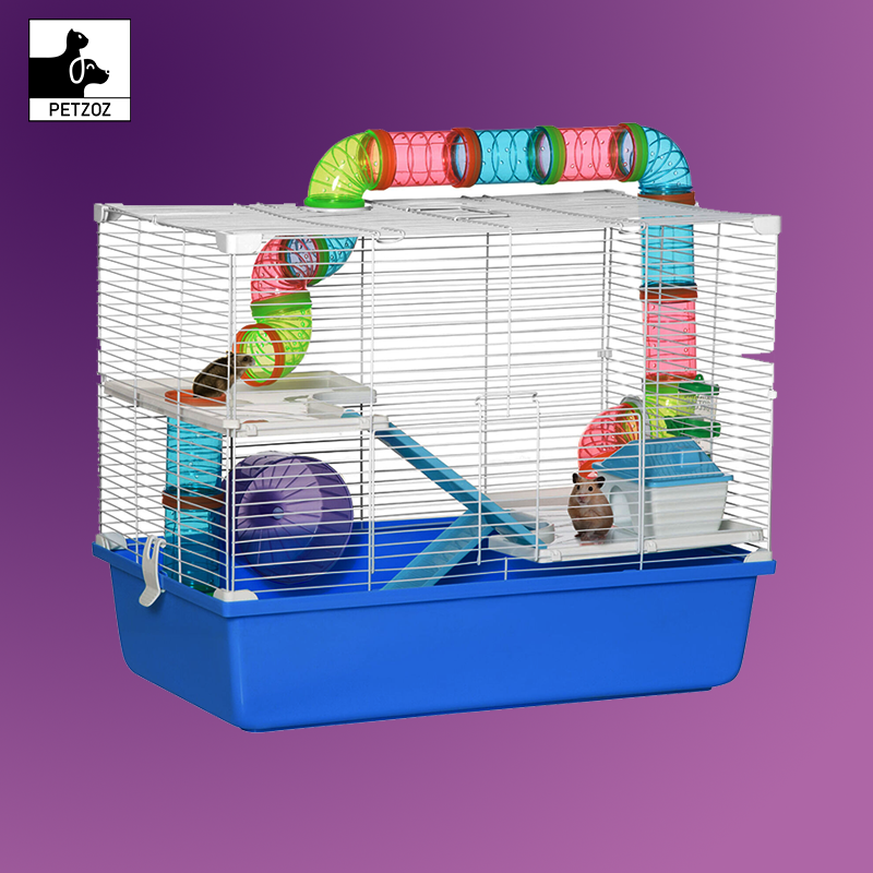 Hamster Cage Rodents House W/ Tubes Exercise Wheel, Water Bottle - Blue