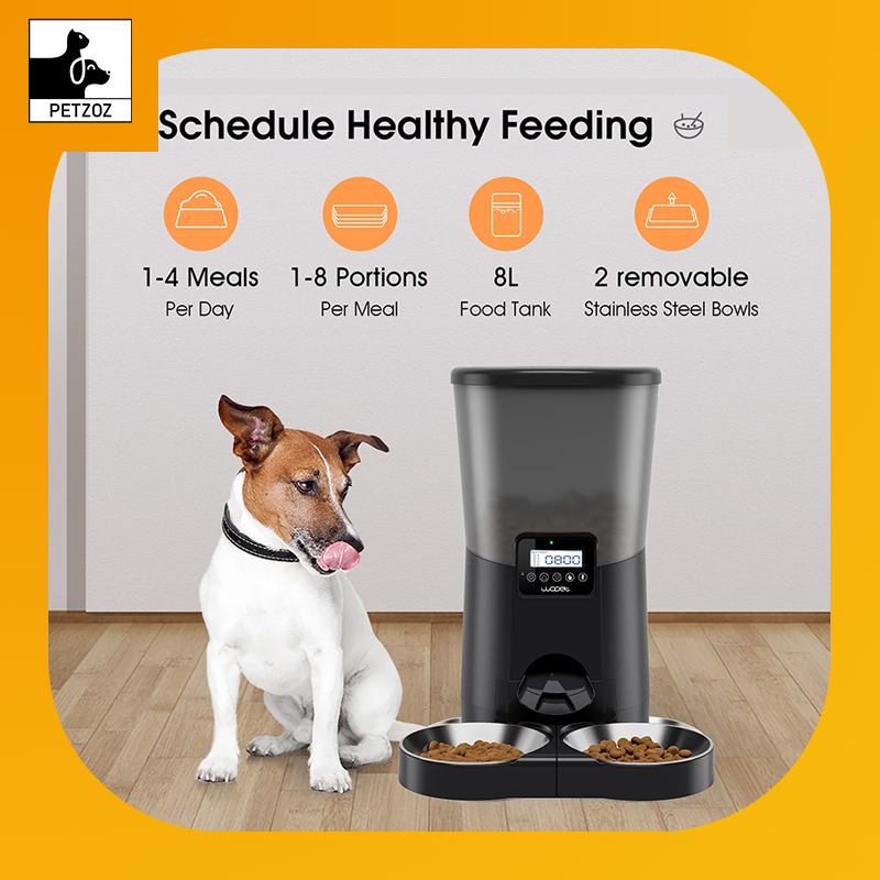 Automatic Dog Feeders, Pet Food Dispenser, Cat Feeder with Dual Stainless Steel Bowl for 2 Cats Pets, 8L, Black