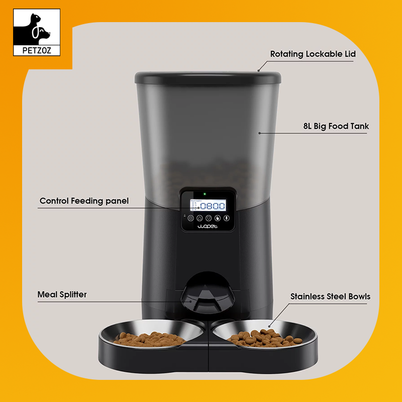 Automatic Dog Feeders, Pet Food Dispenser, Cat Feeder with Dual Stainless Steel Bowl for 2 Cats Pets, 8L, Black