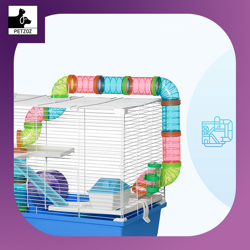 Hamster Cage Rodents House W/ Tubes Exercise Wheel, Water Bottle - Blue