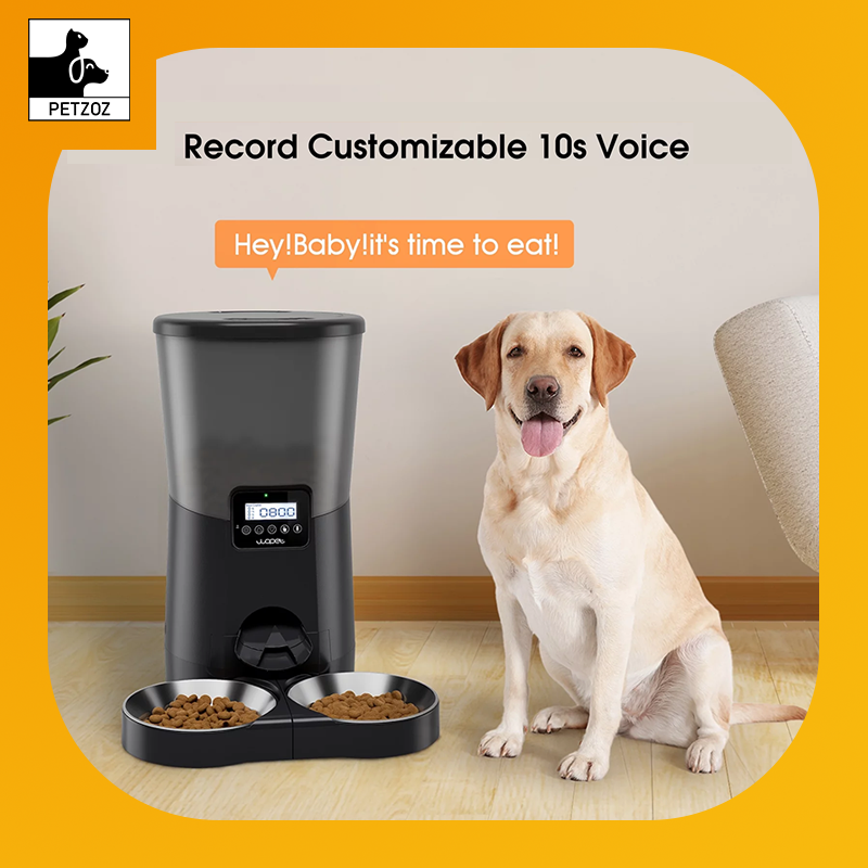 Automatic Dog Feeders, Pet Food Dispenser, Cat Feeder with Dual Stainless Steel Bowl for 2 Cats Pets, 8L, Black