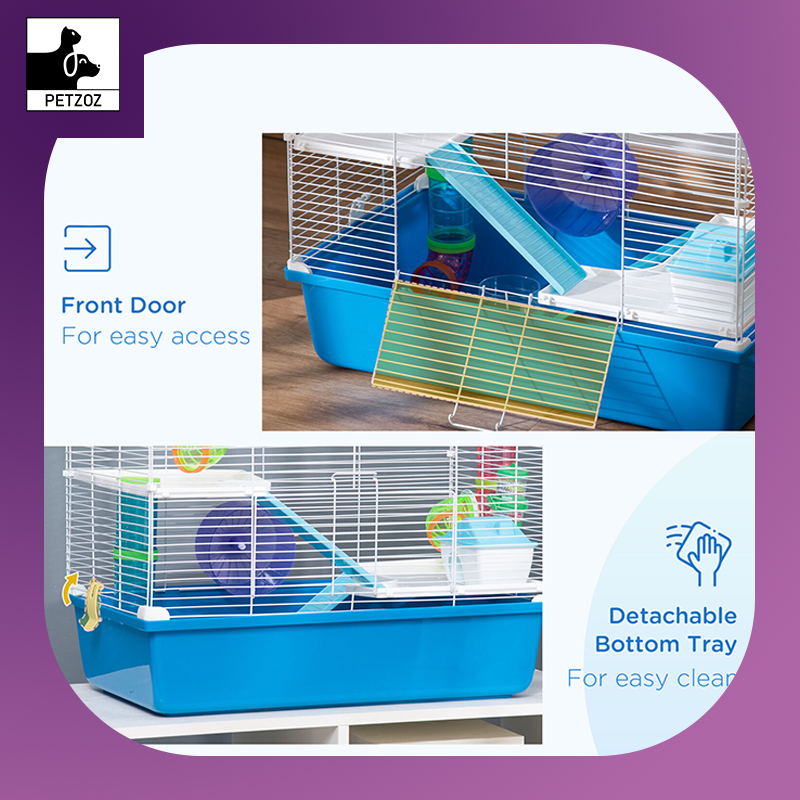Hamster Cage Rodents House W/ Tubes Exercise Wheel, Water Bottle - Blue