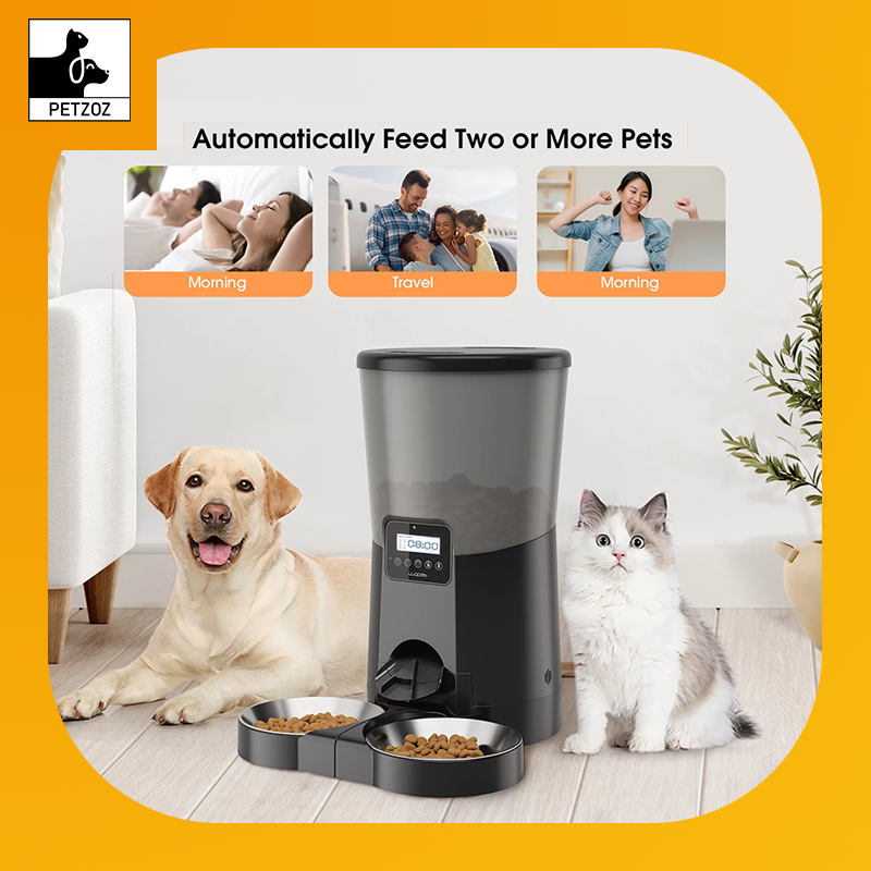 Automatic Dog Feeders, Pet Food Dispenser, Cat Feeder with Dual Stainless Steel Bowl for 2 Cats Pets, 8L, Black