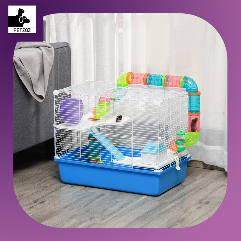 Hamster Cage Rodents House W/ Tubes Exercise Wheel, Water Bottle - Blue