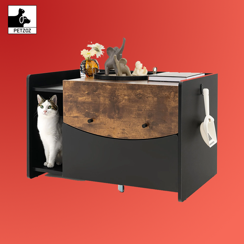 Cat Litter Box Enclosure with Pull-Out Drawer, Rolling Caster and Flip Door