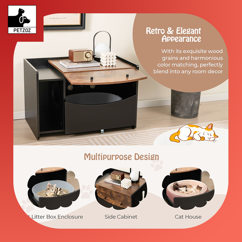 Cat Litter Box Enclosure with Pull-Out Drawer, Rolling Caster and Flip Door