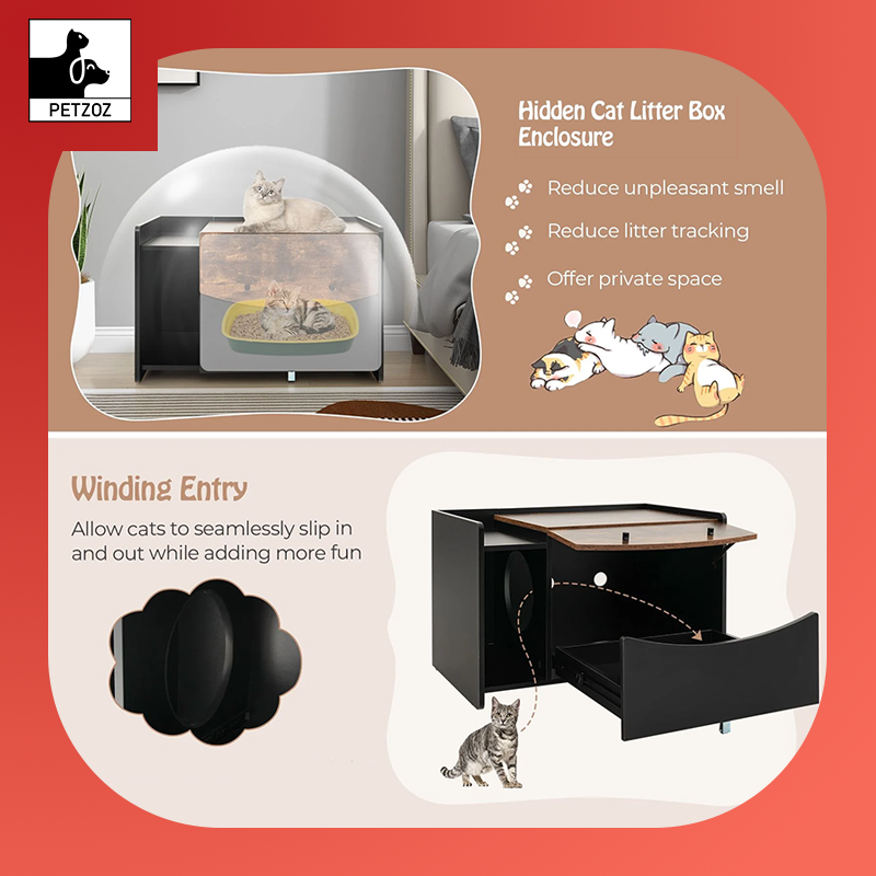 Cat Litter Box Enclosure with Pull-Out Drawer, Rolling Caster and Flip Door