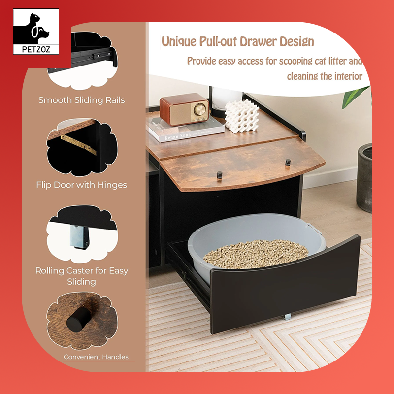 Cat Litter Box Enclosure with Pull-Out Drawer, Rolling Caster and Flip Door