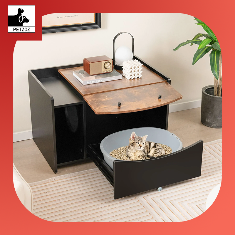 Cat Litter Box Enclosure with Pull-Out Drawer, Rolling Caster and Flip Door