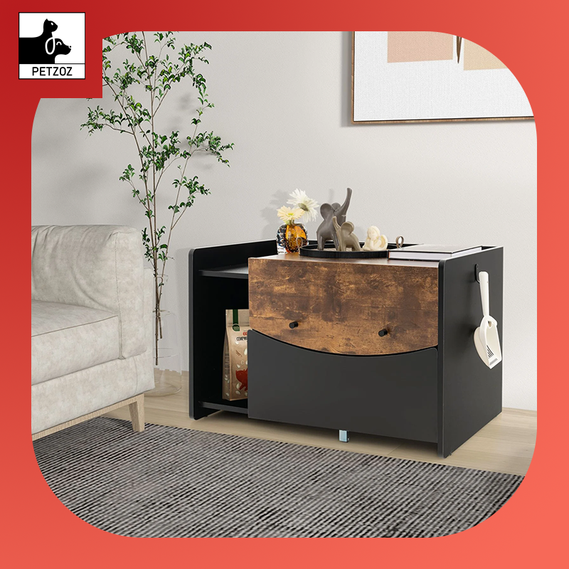 Cat Litter Box Enclosure with Pull-Out Drawer, Rolling Caster and Flip Door