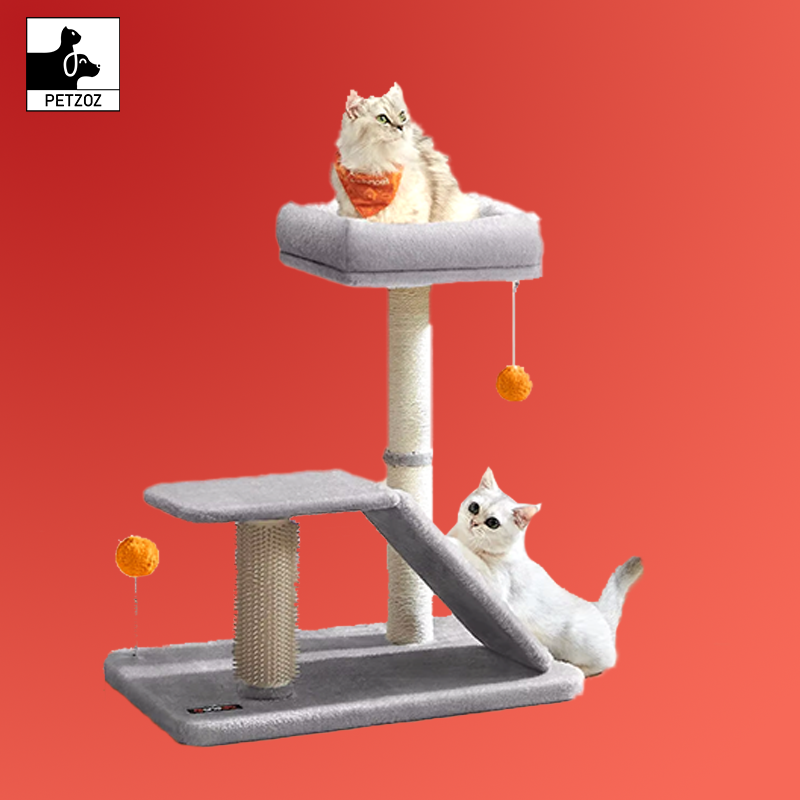 Cat Scratching Post with Bed, Multifunctional Cat Scratcher with Rotatable Scratching Ramp, Perch, Self-Groomer
