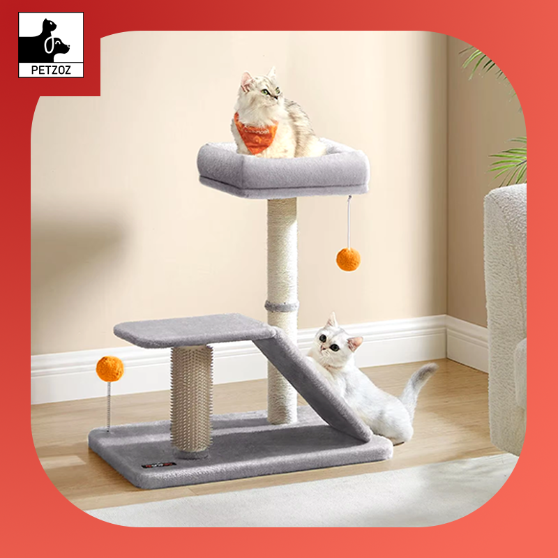 Cat Scratching Post with Bed, Multifunctional Cat Scratcher with Rotatable Scratching Ramp, Perch, Self-Groomer