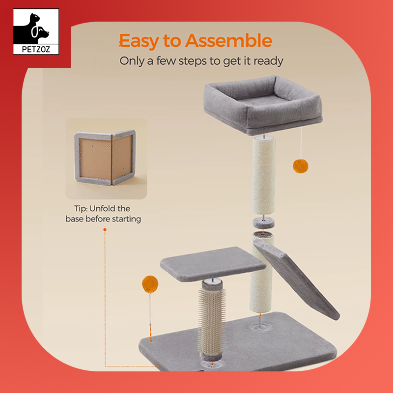 Cat Scratching Post with Bed, Multifunctional Cat Scratcher with Rotatable Scratching Ramp, Perch, Self-Groomer