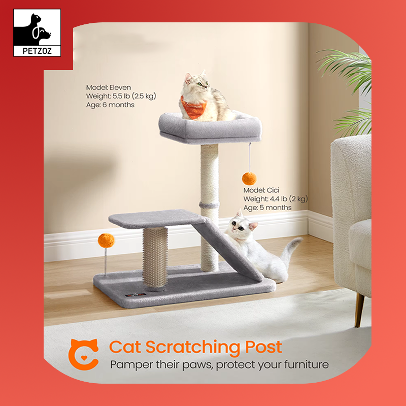 Cat Scratching Post with Bed, Multifunctional Cat Scratcher with Rotatable Scratching Ramp, Perch, Self-Groomer
