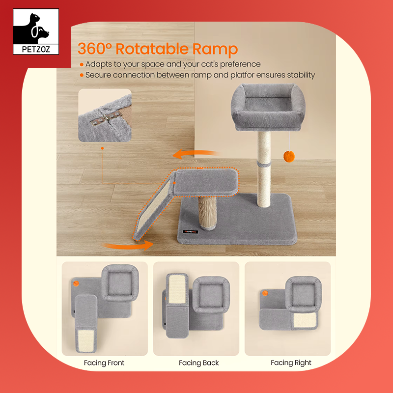 Cat Scratching Post with Bed, Multifunctional Cat Scratcher with Rotatable Scratching Ramp, Perch, Self-Groomer