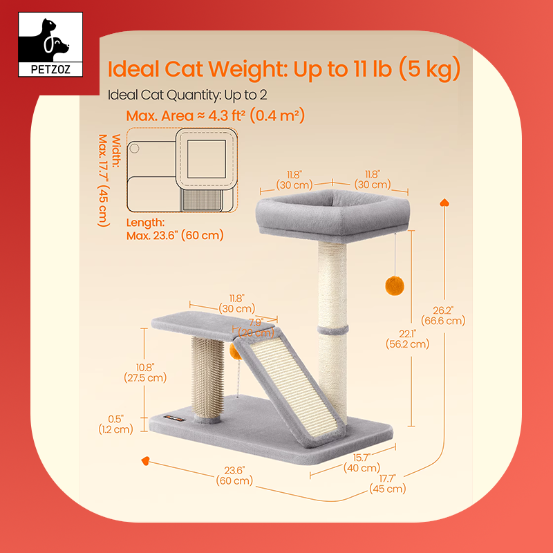 Cat Scratching Post with Bed, Multifunctional Cat Scratcher with Rotatable Scratching Ramp, Perch, Self-Groomer