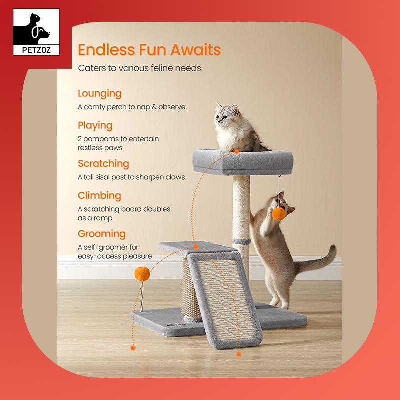 Cat Scratching Post with Bed, Multifunctional Cat Scratcher with Rotatable Scratching Ramp, Perch, Self-Groomer