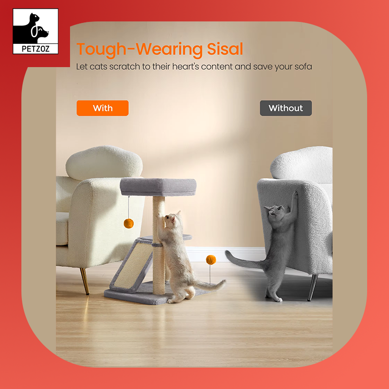 Cat Scratching Post with Bed, Multifunctional Cat Scratcher with Rotatable Scratching Ramp, Perch, Self-Groomer