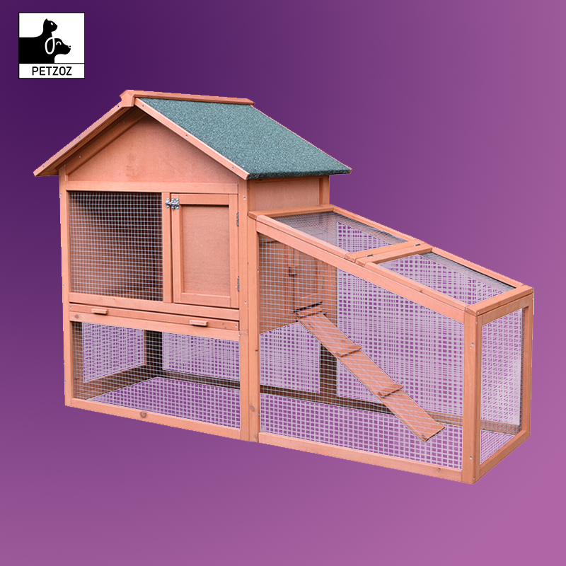 2 Tier Wood Rabbit Hutch Water Resistant Asphalt Roof Ramp 144 X 64.5 X 100 Cm