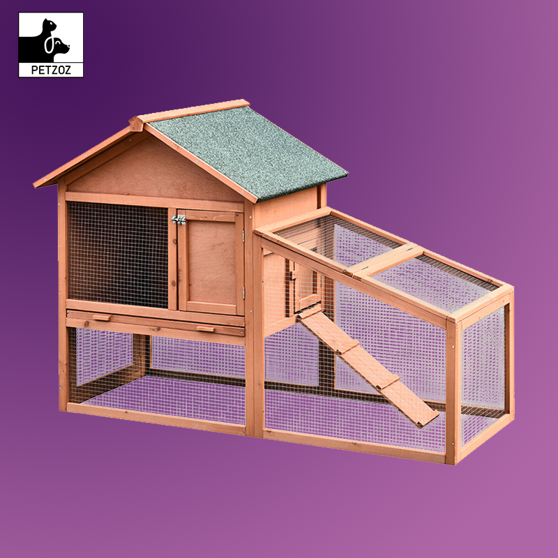 2 Tier Wood Rabbit Hutch Water Resistant Asphalt Roof Ramp 144 X 64.5 X 100 Cm