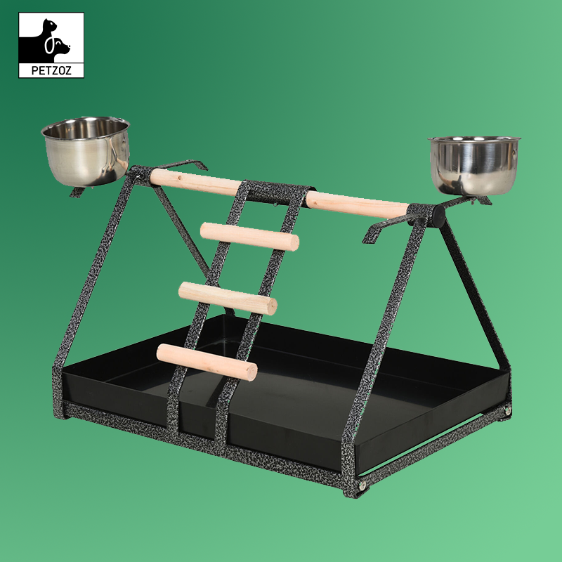 Bird Playstand with Wooden Perch Ladder Feeding Cups for Macaw Parrot Conure